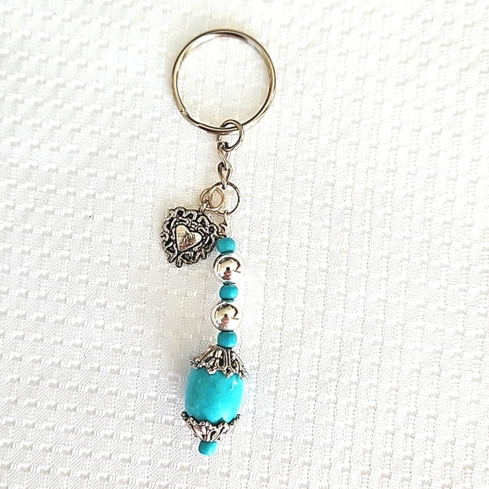 Hand Crafted Turquoise Stone Silver Heart Keychain